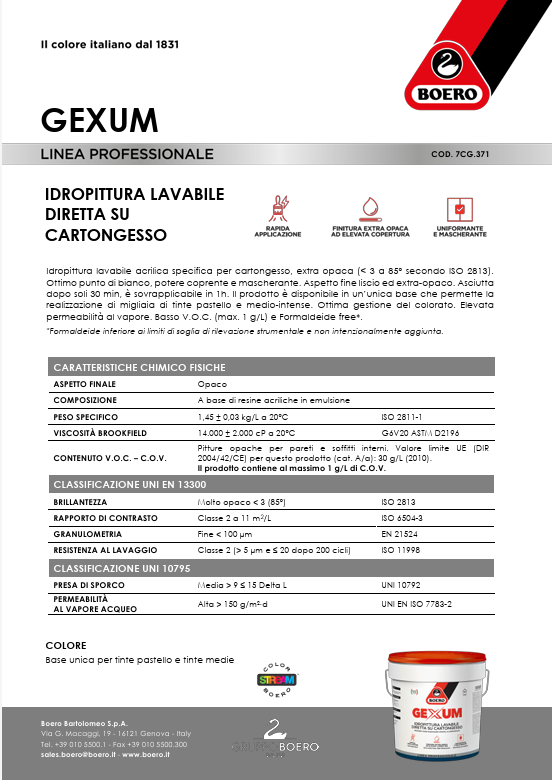 Boero Gexum idropittura lavabile diretta su cartongesso extra opaco LT 12