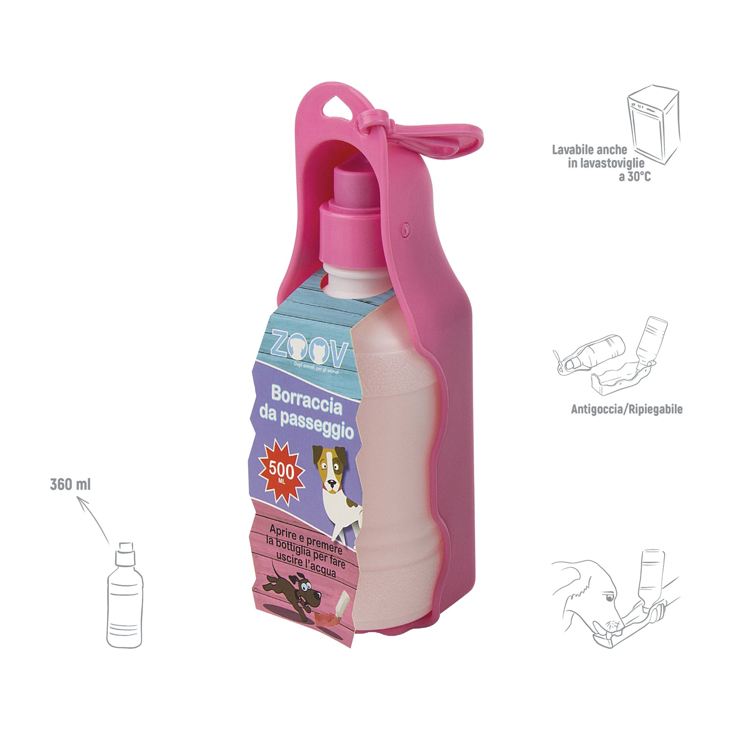 Q.TA'. 12 ZOOV BORRACCIA DA PASSEGGIO 360 ML ROSA